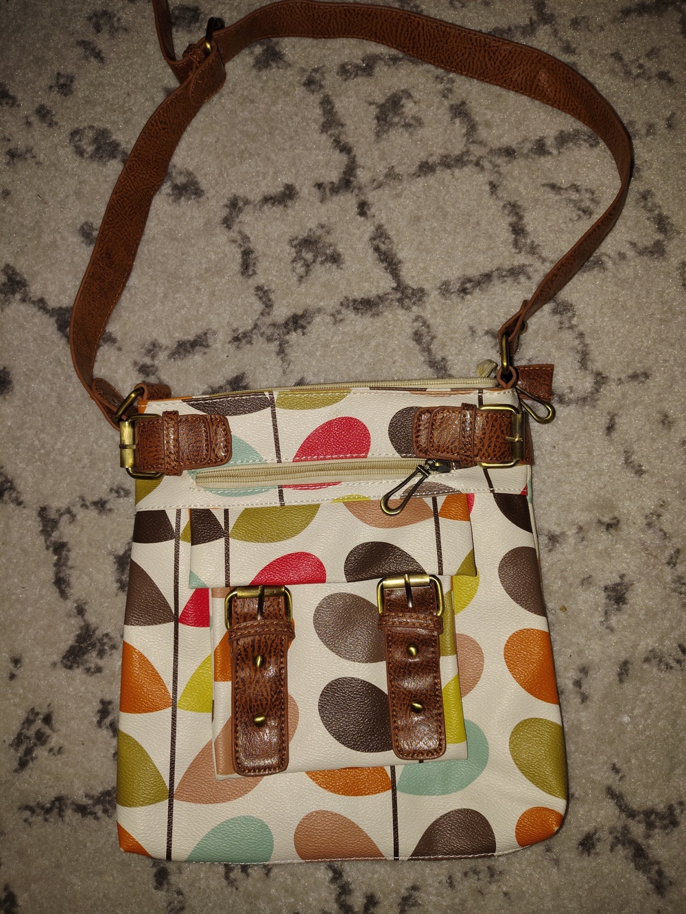 Women’s Multicolor Leaf-Print Crossbody Bag with Brown Trim